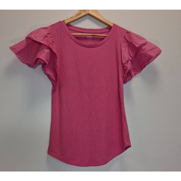 Gap womens medium ruffle flutter pink sleeve ribbed tshirt top - Picture 5 of 9